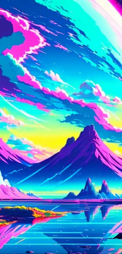 Neon landscape with vibrant mountains and glowing planet backdrop.