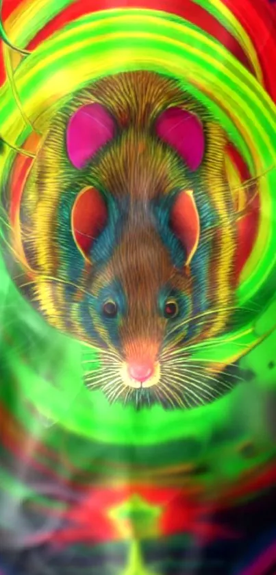 Vibrant neon mouse art with colorful green and red hues.