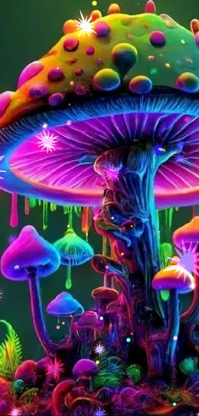 Vibrant, neon mushroom with glowing caps in a colorful digital artwork.