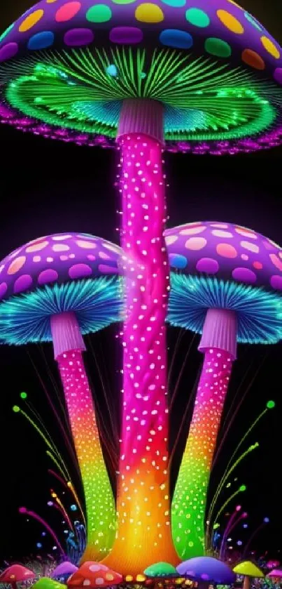 Vibrant neon mushrooms with psychedelic colors.