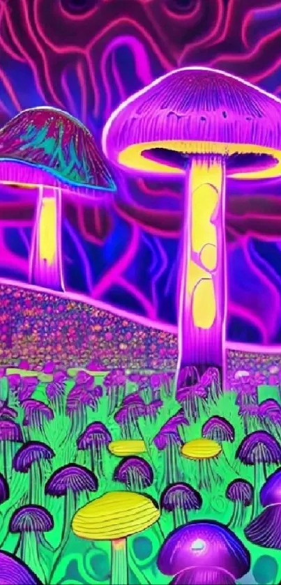 Psychedelic neon mushroom art wallpaper for mobile screen.