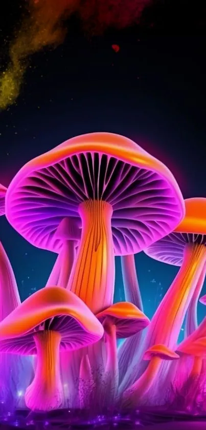 Vibrant neon mushrooms glowing in psychedelic colors on a mobile wallpaper.