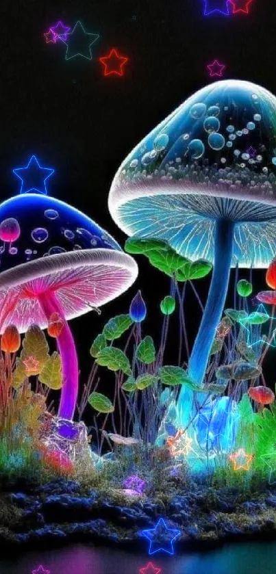 Colorful neon mushrooms and foliage on black background.