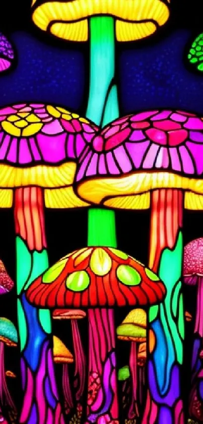 Vibrant neon mushrooms on a dark background mobile wallpaper.