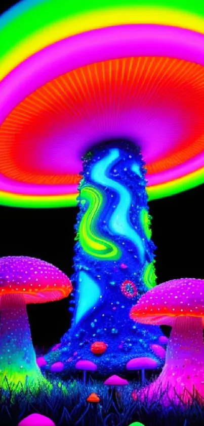 Glowing neon mushrooms in vibrant colors, featuring a psychedelic fantasy atmosphere.
