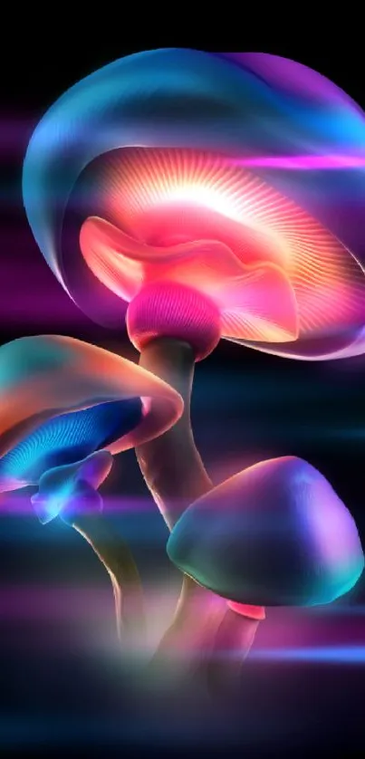 Vibrant neon mushrooms glow on a dark wallpaper, creating a magical scene.