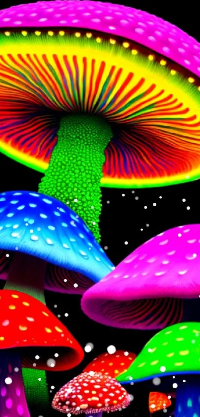 Colorful neon mushrooms against a black background.