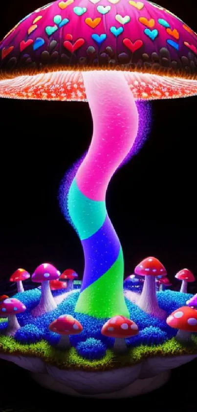 Vibrant neon mushroom with colorful, psychedelic design and glowing elements.