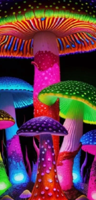 Colorful neon mushrooms glow vividly on a dark background.