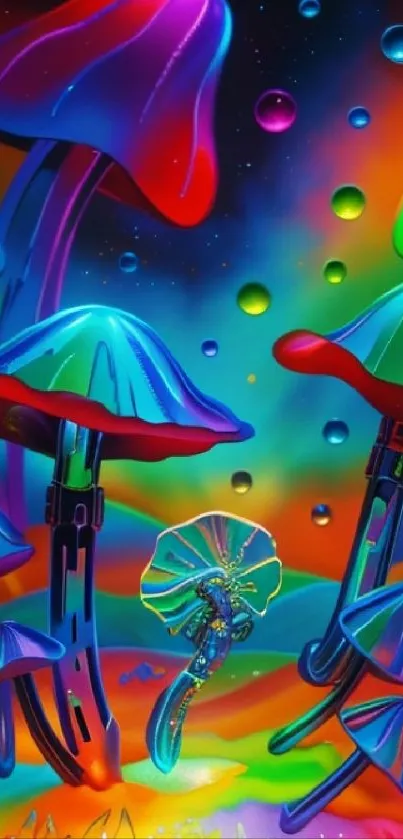 Vibrant neon colored mushrooms in a psychedelic, fantasy art wallpaper.