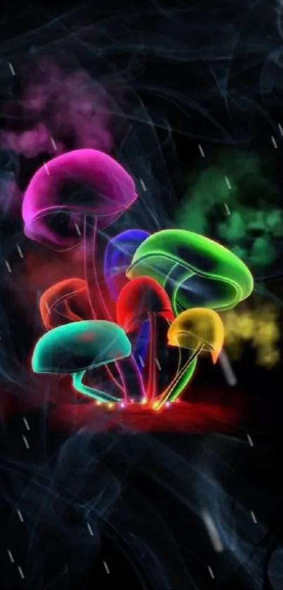 Colorful neon mushrooms glowing on a dark background.