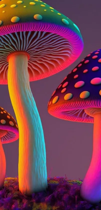 Colorful neon mushrooms with purple and glowing effects.