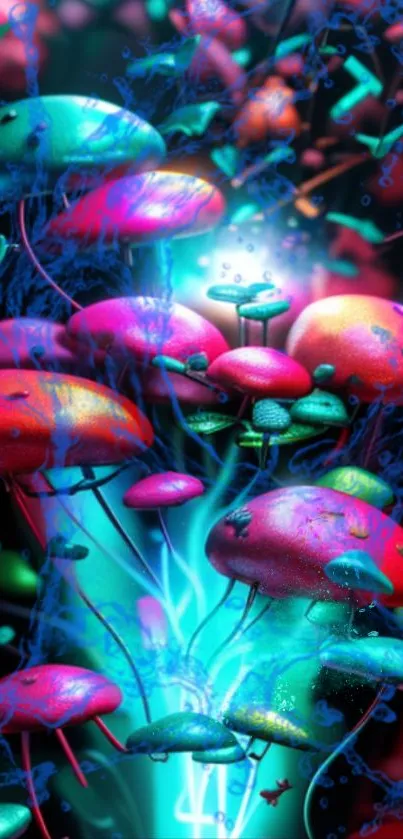 Vibrant neon mushroom wallpaper with colorful luminescent hues.