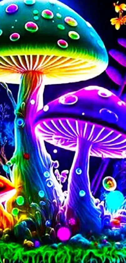 Vibrant neon mushrooms with glowing colors and whimsical design.