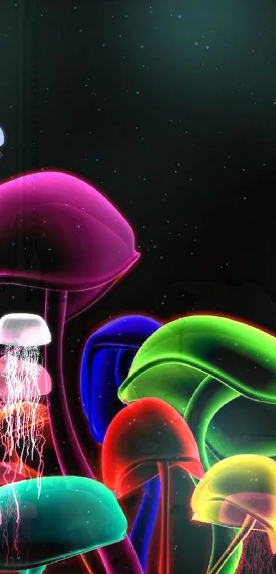 Neon mushrooms glowing against a dark background, creating a vibrant art piece.