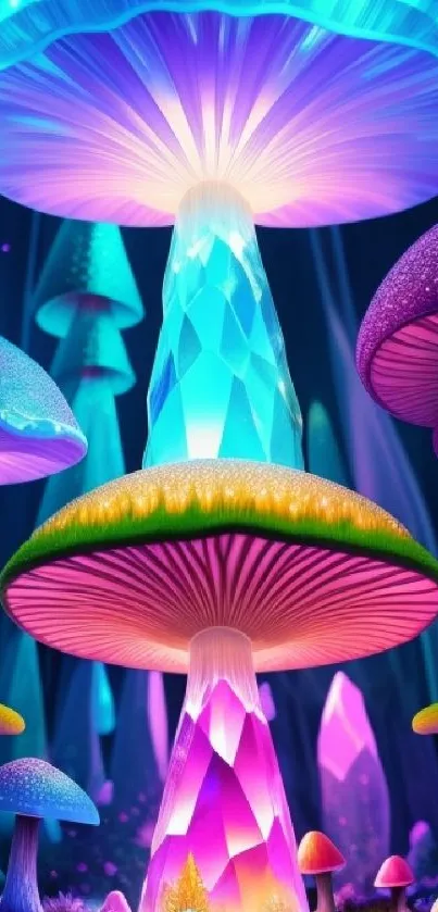 Colorful neon mushrooms in a fantasy forest wallpaper.