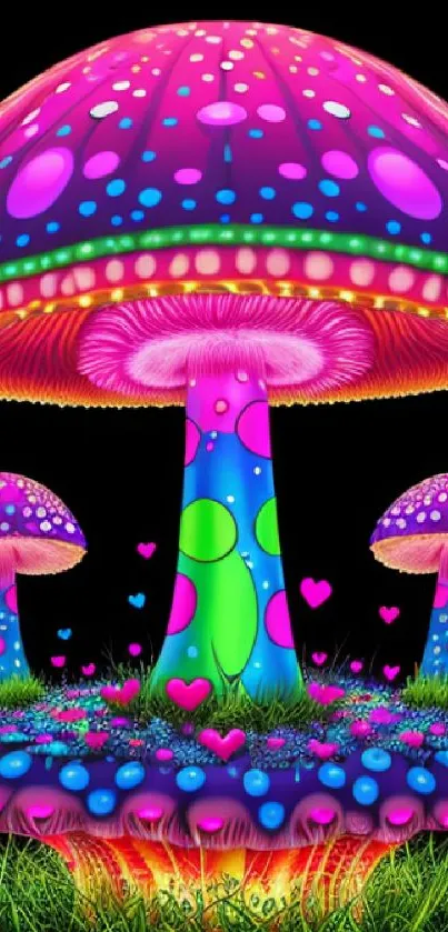 Vibrant neon mushrooms with a psychedelic glow and colorful patterns.