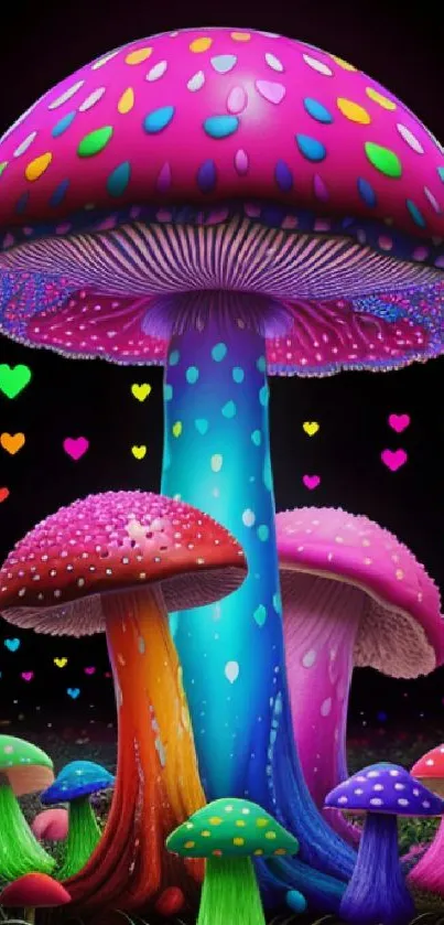 Vibrant neon mushrooms with colorful glowing patterns on a dark background.