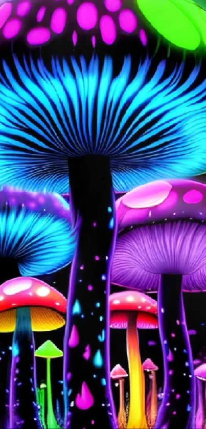 Vibrant neon mushrooms glowing in darkness, creating a psychedelic visual.