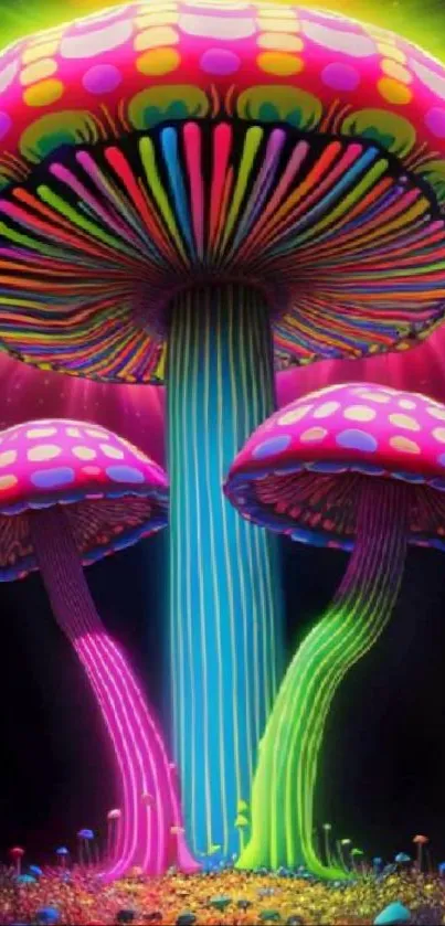 Vibrant neon mushrooms with colorful patterns on mobile wallpaper.