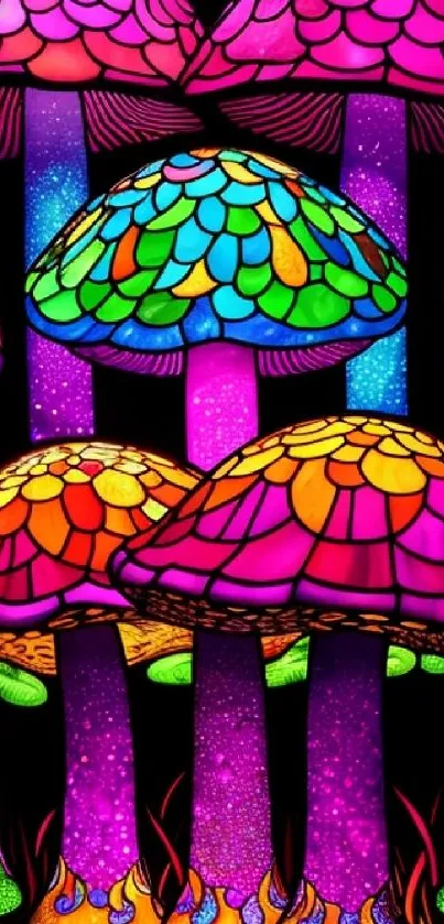 Vibrant neon mushrooms with colorful caps on a dark background.