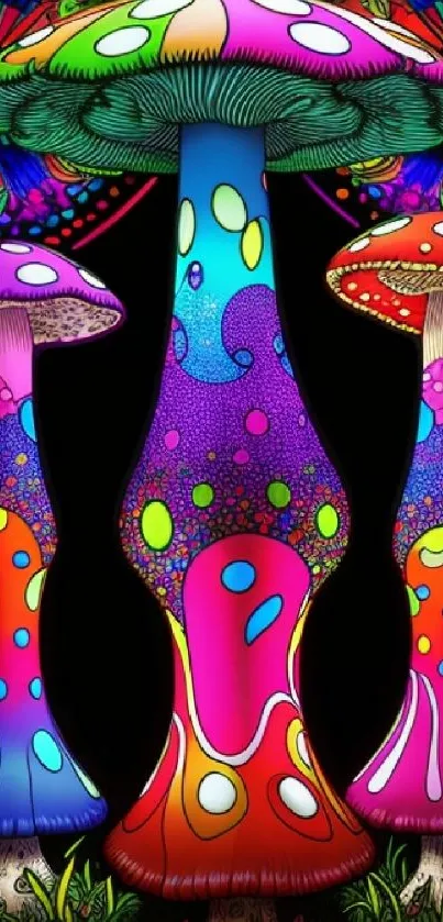 Neon-colored mushrooms set against a black background.