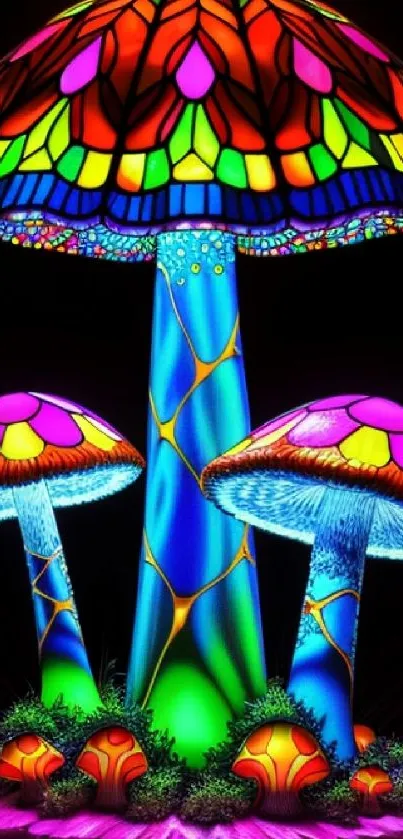 Vibrant neon mushroom art with glowing colors and intricate design for mobile wallpaper.