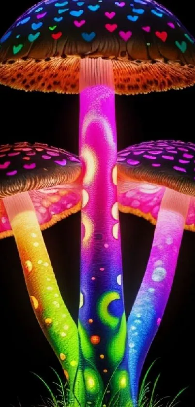 Colorful neon mushrooms with glowing stems on black background.