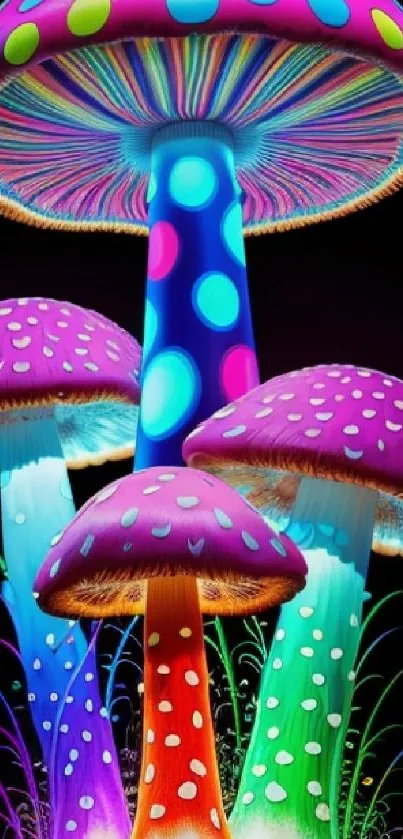 Vibrant neon mushrooms on dark background, perfect for mobile wallpaper.