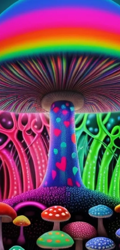 Vibrant neon mushroom landscape wallpaper with colorful designs.