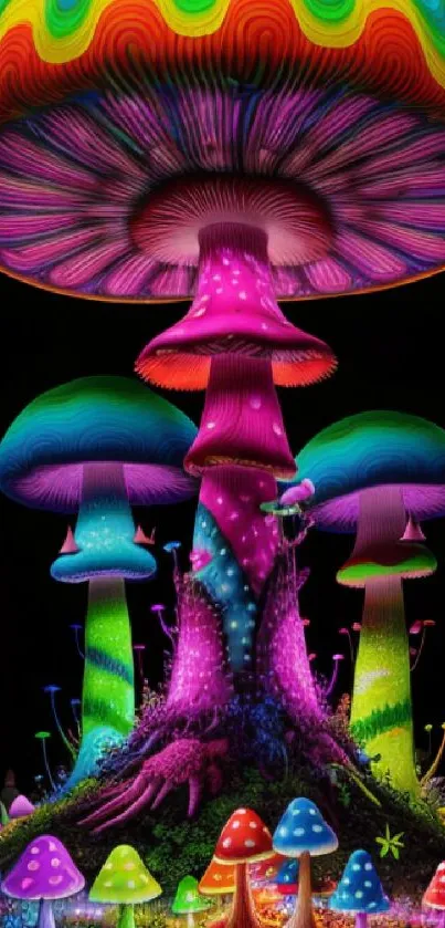 Vibrant neon mushrooms in a psychedelic design with glowing colorful hues against black.