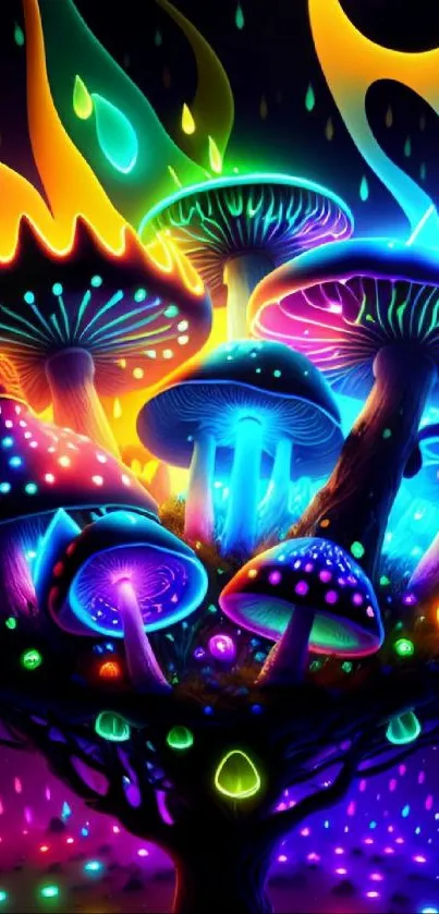 Vibrant neon mushrooms in psychedelic art wallpaper.
