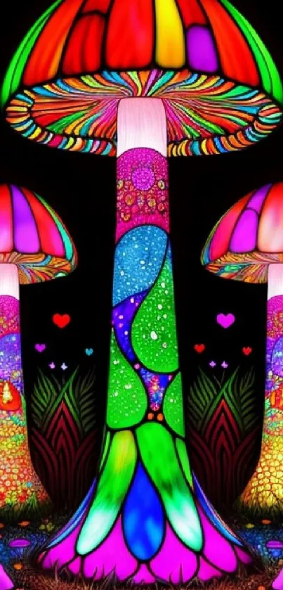 Vibrant neon mushrooms with psychedelic patterns on a dark background.