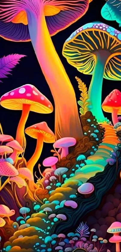 Vibrant fantasy mushroom forest with colorful fungi and glowing plants.