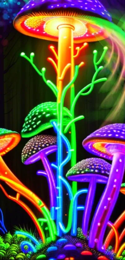 Vibrant neon mushrooms glowing in dark forest wallpaper.