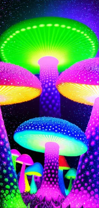 Vibrant neon mushrooms glowing in psychedelic colors.