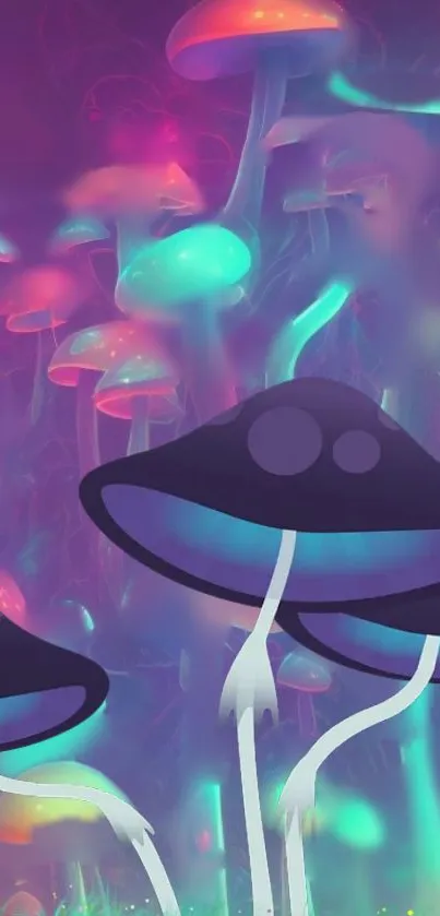 Vibrant neon mushrooms in a fantasy forest wallpaper.