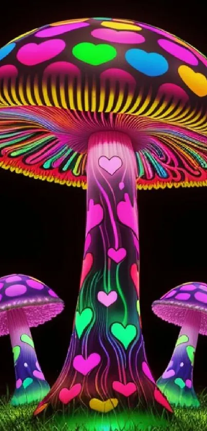 Vibrant neon mushroom fantasy with glowing colors and heart patterns.