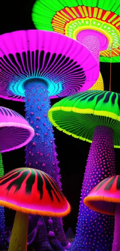 Vibrant neon mushrooms glowing with psychedelic colors.