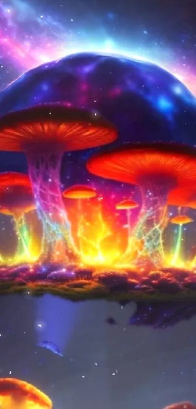 Vibrant neon mushrooms glowing in a cosmic fantasy setting.