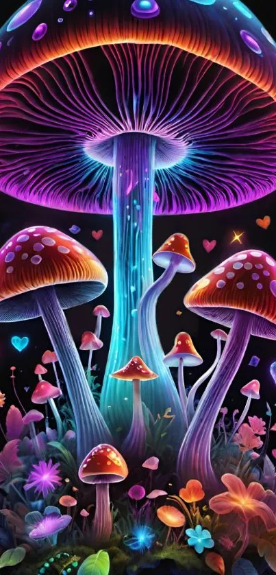 Vibrant neon mushrooms in a colorful fantasy setting.