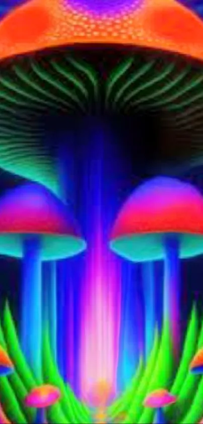 A vibrant neon mushroom artwork with abstract fantasy design.