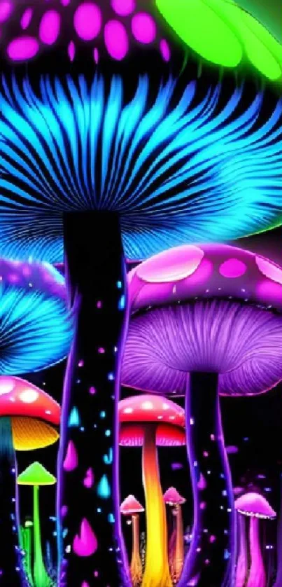 Neon mushrooms glowing with vibrant colors in a fantasy setting.