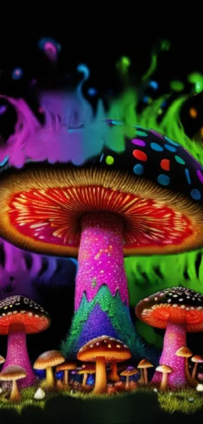 Vibrant neon mushrooms with psychedelic colors.