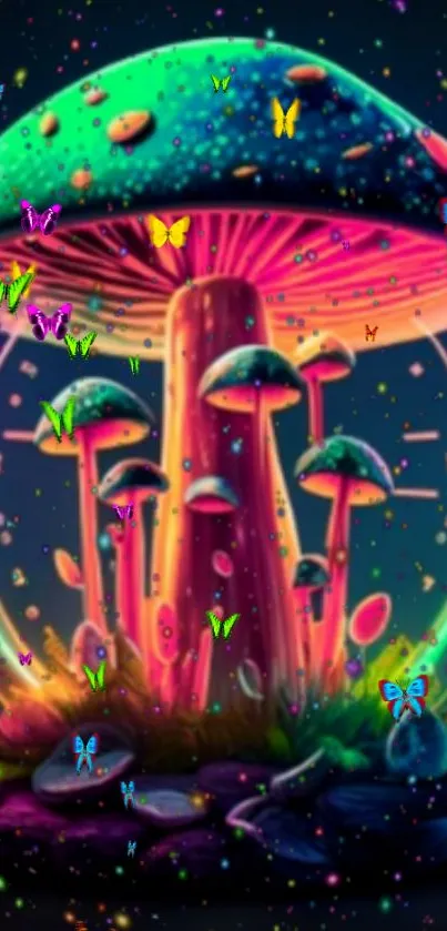 Vibrant neon mushroom fantasy wallpaper with colorful butterflies.