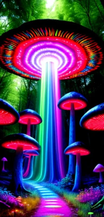 Vibrant neon mushrooms in a mystical forest, casting a colorful glow.