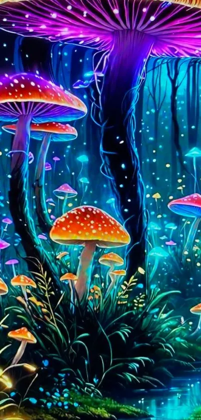 Vibrant neon mushroom forest at night.