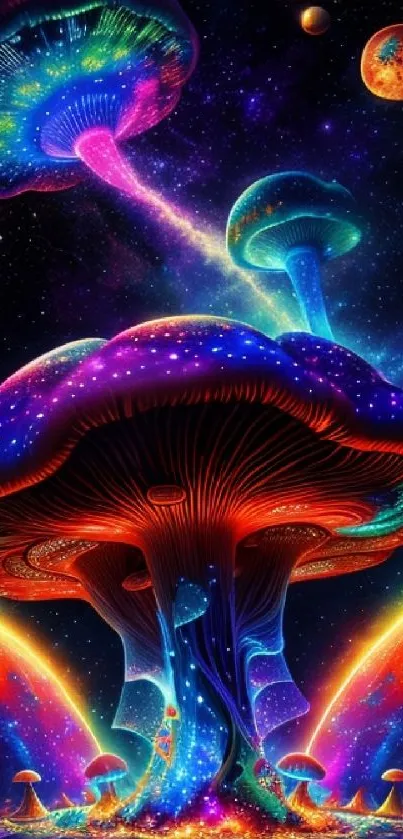 Colorful neon galaxy with mushrooms and cosmic scenery.