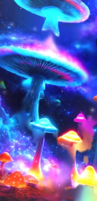 Colorful neon mushrooms in a galaxy scene wallpaper.