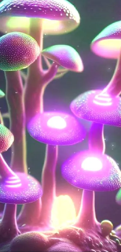 Neon mushrooms glowing in a lush fantasy setting.